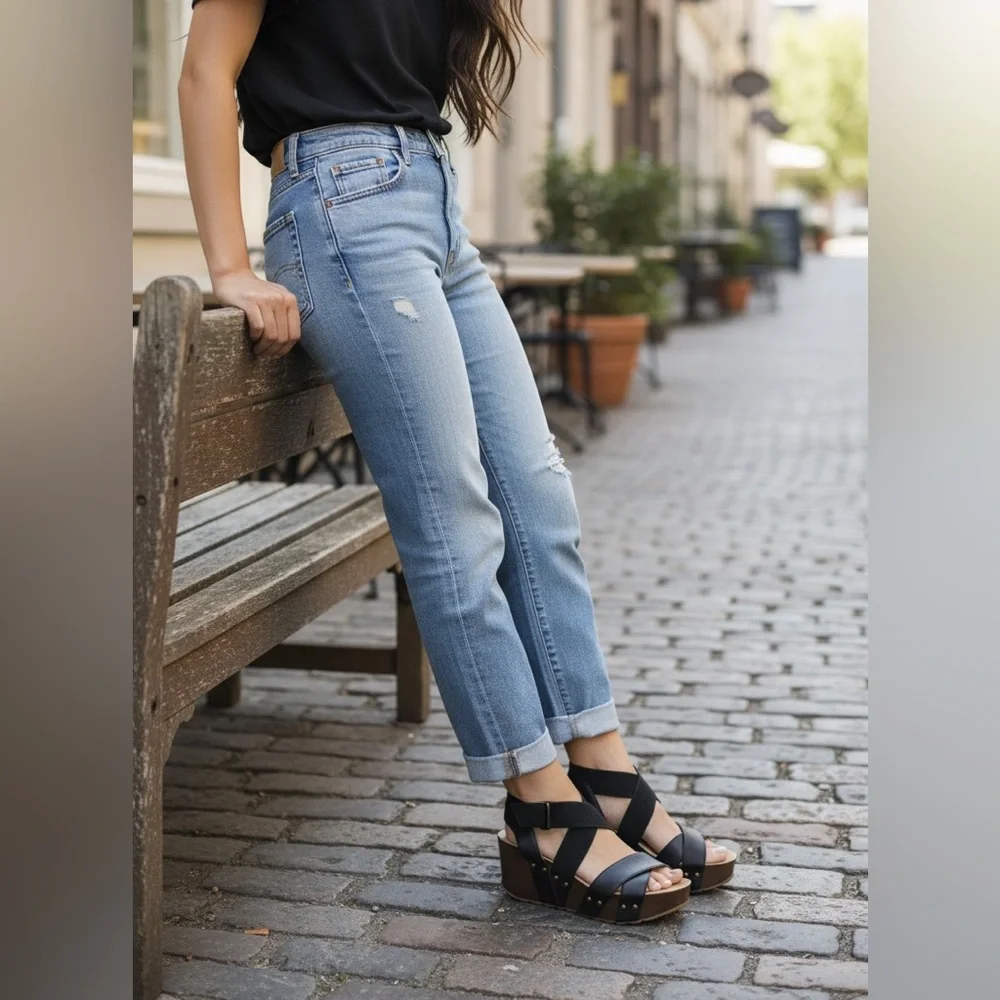NC National Comfort Mellie Black Wedge Sandals with Cross-Strap Design, Size 9
